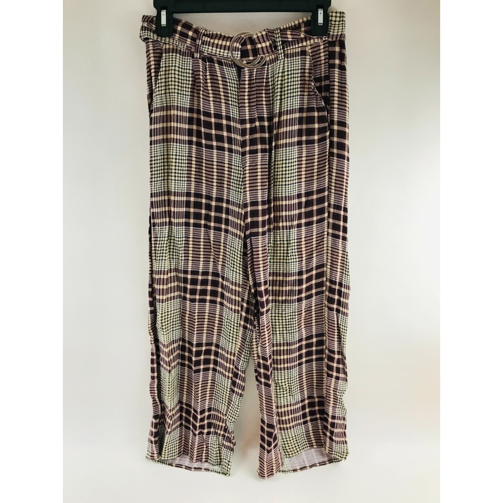 American Original Rewash Pants Women's Size S Maroon Multicolor Plaid Belted